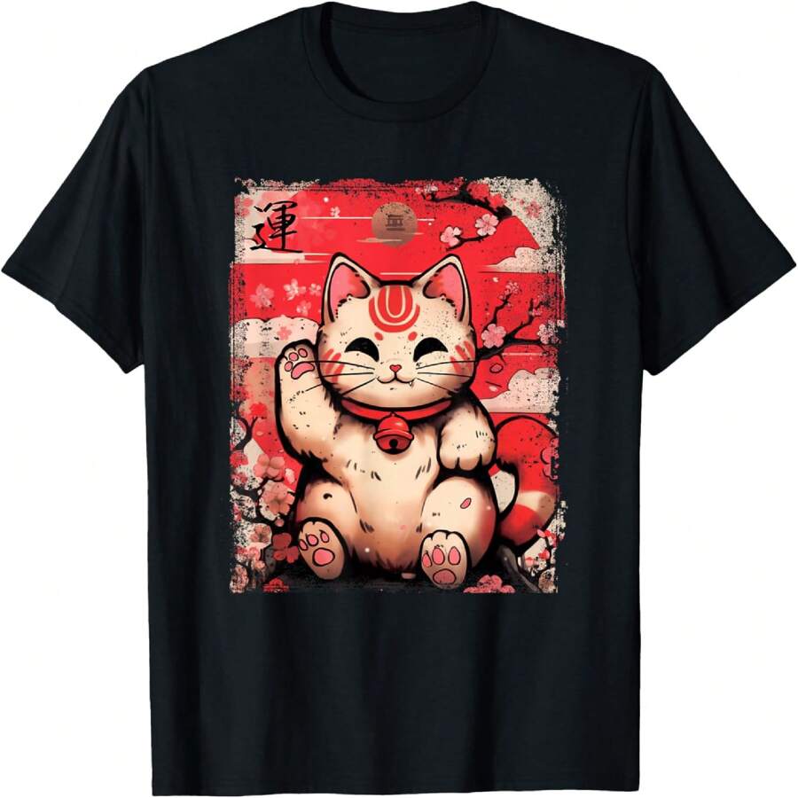 Vintage Japanese Cute Neko Cat Maneki Neko And Sakura Tree T-Shirt - Black - View 1