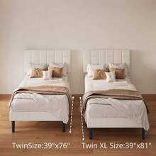 Twin XL Bed Frame With Headboard, Modern Upholstered Platform Bed With Headboard And Wood Slat Support, No Box Spring Required, Grey/Beige - Beige - View 2