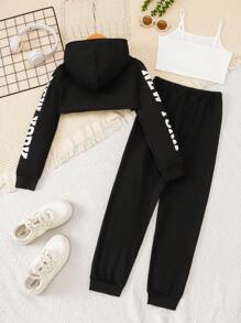 Conjunto de 3 piezas de ropa de moda para niña preadolescente, incluyendo sudadera corta, top con tirantes y pantalones de chándal, top de manga larga casual con estampado de NEW YORK, ropa para niños para primavera, otoño e invierno
