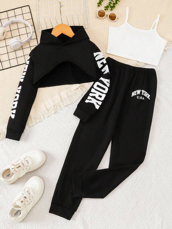 Conjunto de 3 piezas de ropa de moda para niña preadolescente, incluyendo sudadera corta, top con tirantes y pantalones de chándal, top de manga larga casual con estampado de NEW YORK, ropa para niños para primavera, otoño e invierno