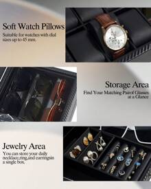 GUKA Watch Box, 6 Slot Watch Case, 3 Slot Sunglass Organizer, Watch Cases For Men With Real Glass Lid, Watch Organizer Storage With Jewelry Case, Birthday For Men And Women, Back To School Dormitory Storage