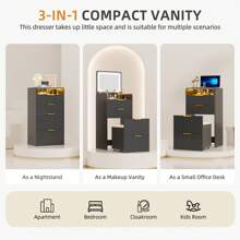 HNEBC 3 In 1 Small Vanity Desk With Plip Top Mirror,Makeup Vanity Set With Visible Glass Desktop,Compact Vanity With 3 Drawers,Storage Compartment And Padded Stool,Dressing Table For Bedroom,White - 黑色 - 查看 5
