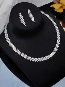 水鑽裝飾多層次項鍊和1對耳墜適合女士適合派對宴會婚禮 - 銀色 - 查看 21