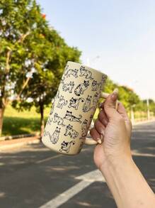 Cute Cat Pattern Ceramic Mug, Single Piece In Black Or Beige Tall Style Coffee Cup With Large Handle, Adorable Animal Print Tea Cup, Essential For Cat Lovers, Christmas Series Gift, Home, Office, Kitchen Decor And Holiday Present - Multicolor - View 3
