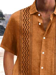 Plus Size Men's Retro Bohemian Geometric Pattern Printed Button-Down Short Sleeve Shirt - Brown - View 3