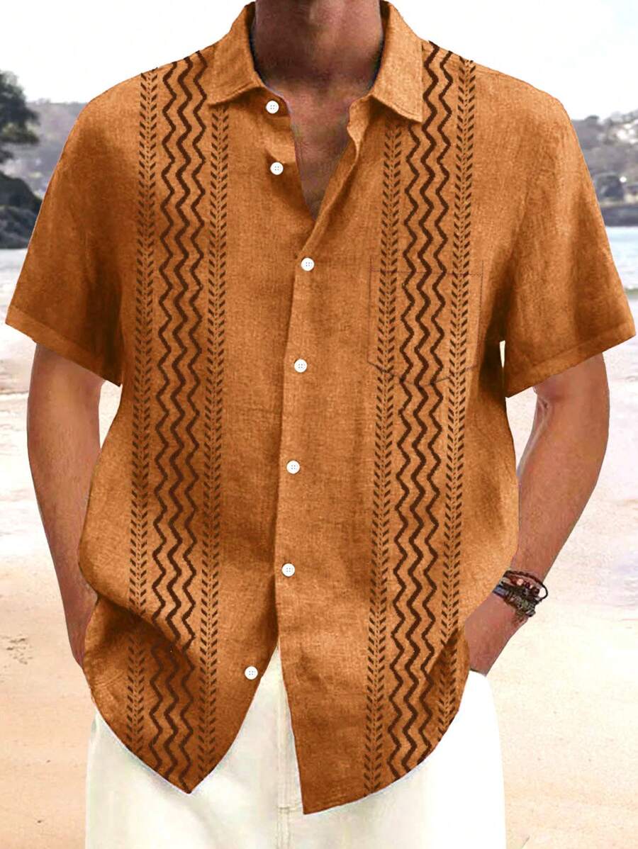 Plus Size Men's Retro Bohemian Geometric Pattern Printed Button-Down Short Sleeve Shirt - Brown - View 1