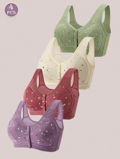 Sujetador con botones delanteros con estampado floral de 4 piezas, sujetador inalámbrico suave y elegante, ropa interior para mujer