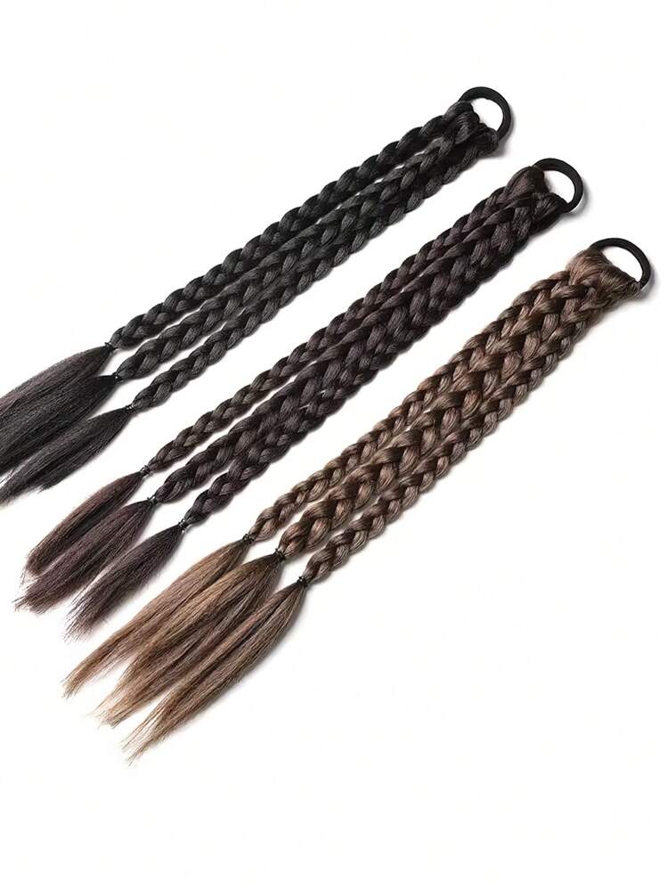 18インチ 合成繊維ポニーテールエクステンション 2個セット、ヘアバンド付き、ボックスブレイド ポニーテール、子供用 - ブラック - 見る 6