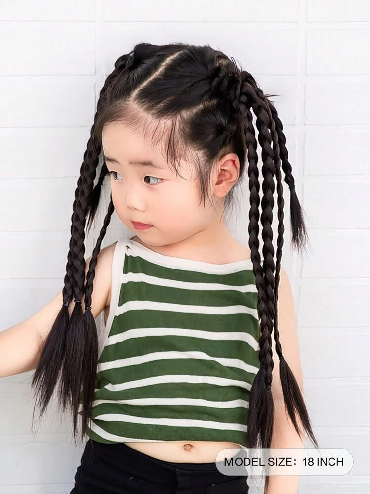 18インチ 合成繊維ポニーテールエクステンション 2個セット、ヘアバンド付き、ボックスブレイド ポニーテール、子供用 - ブラック - 見る 2