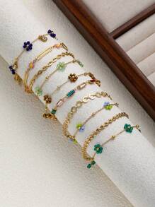 1 Peça Pulseira de Camadas Minimalista e Elegante de Contas de Flor Entrelaçadas em Aço Inoxidável para Mulheres, Adequada para Encontros, Festas e Uso no Escritório
