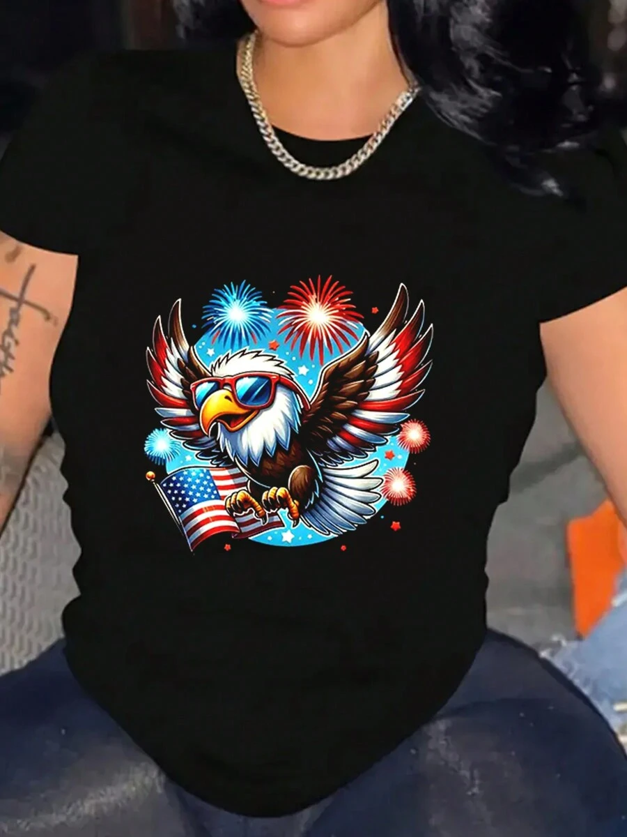Women Stylish July 4th Patriotic Bald Eagle American Flag Fireworks Pattern Printing T-Shirt Cotton Casual Comfy Tees For Daily Wear - Black - View 1