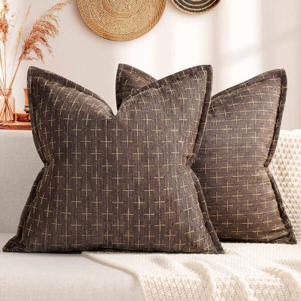 1pc Simple Farmhouse Linen Jacquard Throw Pillow Case