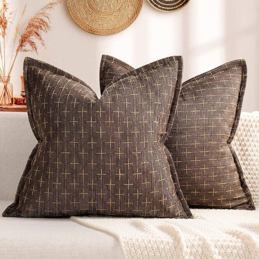 1pc Simple Farmhouse Linen Jacquard Throw Pillow Case - Coffee - View 1