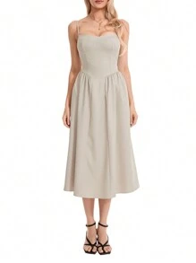 Women Y2k Casual Midi Dress Low Cut Spaghetti Strap Corset Dress Side Pockets Low-Cut Cami Dress