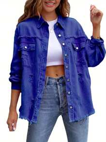 Women's Ripped Distressed Denim Jacket Long Sleeve Button Down Boyfriend Jean Coat Trucker Jacket - Màu xanh lam - Xem 1