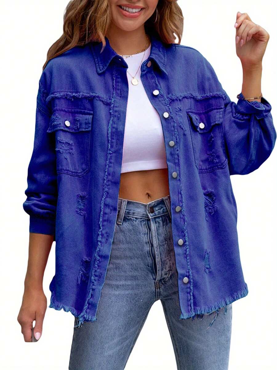 Women's Ripped Distressed Denim Jacket Long Sleeve Button Down Boyfriend Jean Coat Trucker Jacket - Màu xanh lam - Xem 1
