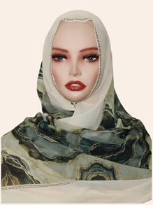1pc Women's Fashion Muslim Hijab Scarf, Chiffon Fabric Colorful Patchwork Print Long Wide Scarf, Casual Stylish Headscarf Shawl, Middle Eastern Rhinestone Material, High-End, Breathable, All Season