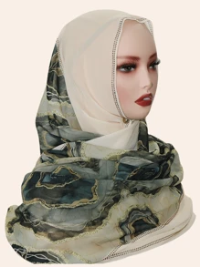 1pc Women's Fashion Muslim Hijab Scarf, Chiffon Fabric Colorful Patchwork Print Long Wide Scarf, Casual Stylish Headscarf Shawl, Middle Eastern Rhinestone Material, High-End, Breathable, All Season