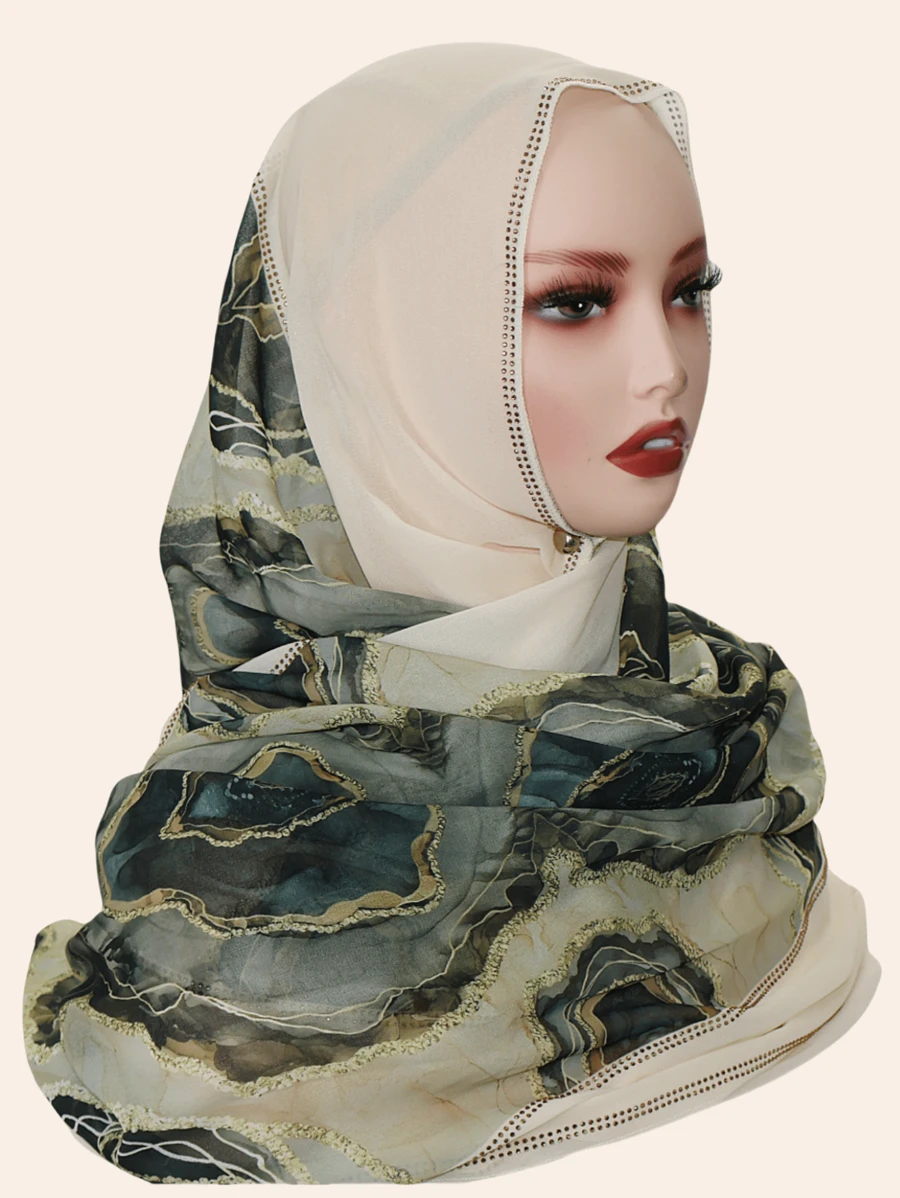 1pc Women's Fashion Muslim Hijab Scarf, Chiffon Fabric Colorful Patchwork Print Long Wide Scarf, Casual Stylish Headscarf Shawl, Middle Eastern Rhinestone Material, High-End, Breathable, All Season