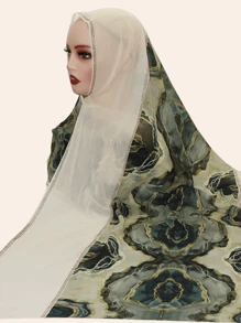 1pc Women's Fashion Muslim Hijab Scarf, Chiffon Fabric Colorful Patchwork Print Long Wide Scarf, Casual Stylish Headscarf Shawl, Middle Eastern Rhinestone Material, High-End, Breathable, All Season