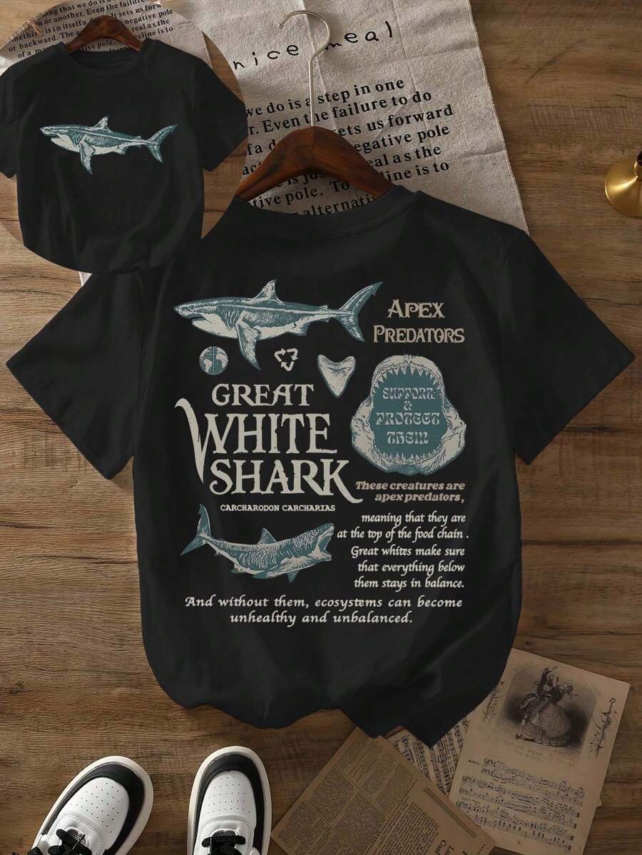 Great White Shark Graphic Print T-Shirt, Short Sleeve Crew Neck Casual Top For Summer & Spring, Women's Clothing - 黑色 - 查看 1