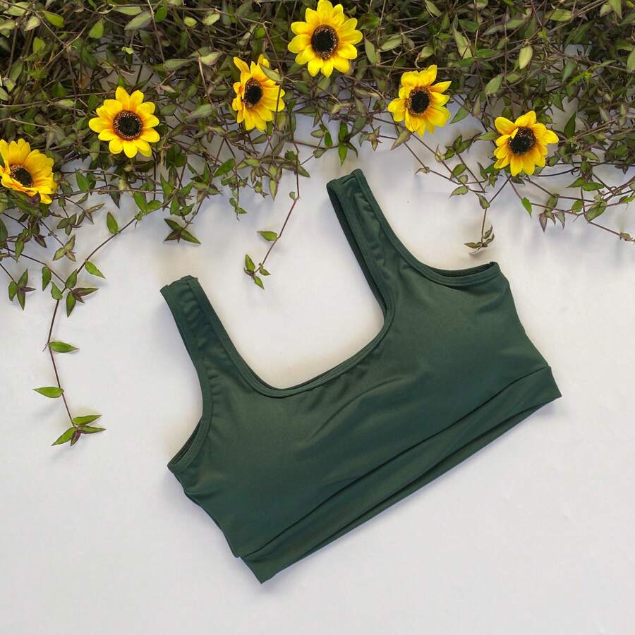 Basic Tank Top With Fitness Lining With Opening For Cup Gym Walking Suplex Women's Workout - Dark Green - View 1