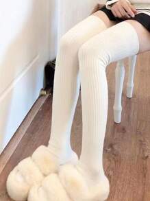 1 Pair Thick Knee-High Socks, White & Grey Color, Warm For Spring/Autumn