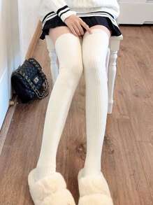 1 Pair Thick Knee-High Socks, White & Grey Color, Warm For Spring/Autumn
