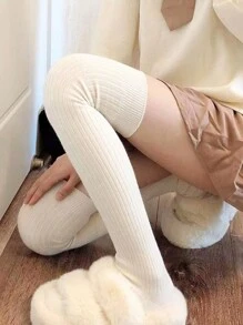 1 Pair Thick Knee-High Socks, White & Grey Color, Warm For Spring/Autumn