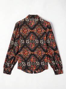 CILKOO Spring Style Extra-Long Lantern Sleeve Printed Casual Thin Shirt Top - Black - View 4