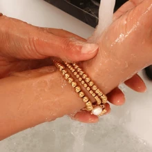 SICIVIA 1pc Gold Stainless Steel Waterproof Bracelet, Women's Anti-Fading Elastic Beaded Bracelet, Layerable Gold Plated Pearl Bracelet, Gift For Women - Yellow Gold - View 1