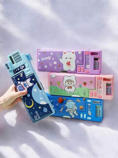 Estojo de plástico multiuso para estudantes, 1 peça, dupla face com ímã, inclui apontador, porta-canetas, compartimento para borracha, calculadora, horário, espaço para escrever, estojo para lápis, mochila escolar