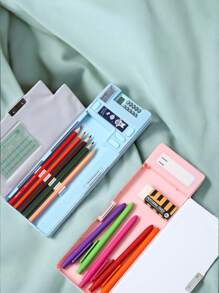 1个多功能塑料学生铅笔盒,双面带磁铁,包含卷笔刀、笔插、橡皮擦隔层、计算器、课程表、可书写姓名栏,铅笔袋,书包,文具 - 彩色 - 查看 5