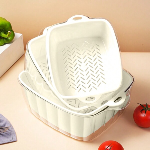 2-Layer Transparent Vegetable Fruit Washing Basket, Kitchen Drain Dish Rack, PET Wash Bowl Strainer