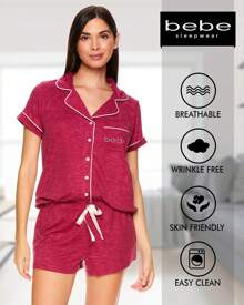 Bebe Pajama Set For Women, Stretch Rayon Knit Short Sleeve PJs For Women Set, Ladies Pajamas Sets - Bunga Heather Plum Merah - View 3