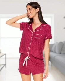 Bebe Pajama Set For Women, Stretch Rayon Knit Short Sleeve PJs For Women Set, Ladies Pajamas Sets - Bunga Heather Plum Merah - View 4