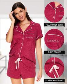 Bebe Pajama Set For Women, Stretch Rayon Knit Short Sleeve PJs For Women Set, Ladies Pajamas Sets - Bunga Heather Plum Merah - View 2
