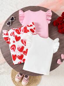 3pcs/Set Young Girl Cute Heart-Shape Ruffle Tank Top T-Shirt, Comfortable Fabric, Suitable For Spring, Summer & Autumn, 4-7 Years Old