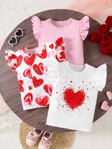 3pcs/Set Young Girl Cute Heart-Shape Ruffle Tank Top T-Shirt, Comfortable Fabric, Suitable For Spring, Summer & Autumn, 4-7 Years Old