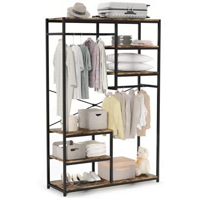 AYYDS Industrial Style Wardrobe, Open Clothes Rack Made Of Chipboard And Metal, Coat Rack For Bedroom, Comes With 5-Tier Storage Shelves And 2 Clothes Rails, Garment Rack