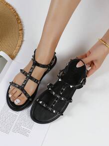 Women's Fashion Open Toe Sandals With Strap, Rivet, Memory Foam Insole, Sexy And Casual Black Flat Sandals
