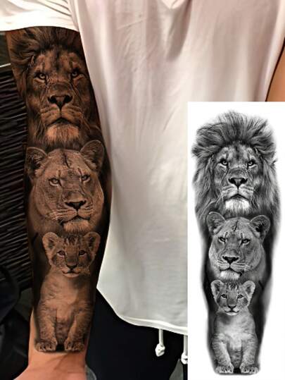 1 ark extra stora tillfälliga tatueringsdekaler för hela armen för män, svart 3D solid stil med lejon, far, mor och barn familjemönster, vattentäta falska ärmtatueringar, håller i 2–5 dagar, täcker ärr, kan användas på armar, handleder och axlar