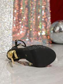 Tacones altos de aguja sexy para mujer de 16cm con pedrería, tacones abiertos metálicos, zapatos de vestir de moda para boda