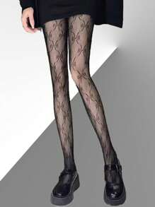 4 Black And White Bows And Hearts Motif Fishnet Stockings For Women