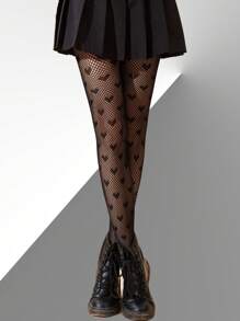 4 Black And White Bows And Hearts Motif Fishnet Stockings For Women