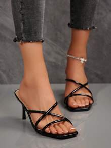 New Women Plus Size Comfortable Minimalist Crisscross Open Toe Square Toe Leather Stiletto High Heel Sandals, Versatile, Casual, Fashion, Beach, Summer