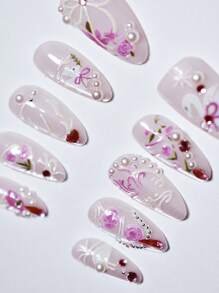 10pcs/Set 3D Floral Faux Pearls, Bowknot & French Manicure Style Handmade Nail Stickers, Short Almond Shaped False Nails Suitable For Women And Girls As A Gift Press On Nails