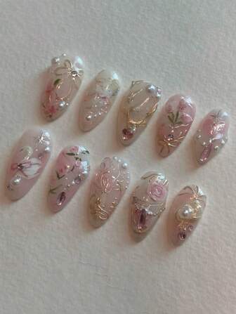 10pcs/Set 3D Floral Faux Pearls, Bowknot & French Manicure Style Handmade Nail Stickers, Short Almond Shaped False Nails Suitable For Women And Girls As A Gift Press On Nails
