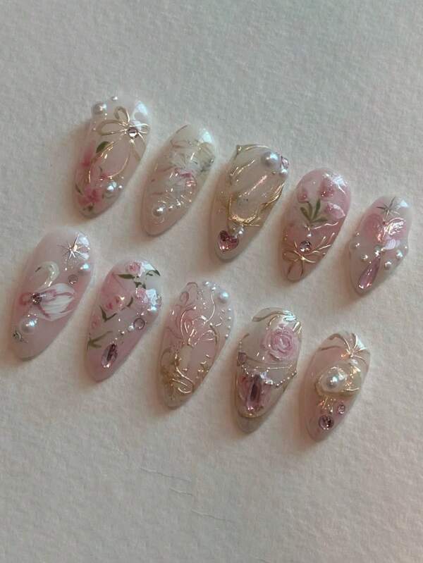 10pcs/Set 3D Floral Faux Pearls, Bowknot & French Manicure Style Handmade Nail Stickers, Short Almond Shaped False Nails Suitable For Women And Girls As A Gift Press On Nails