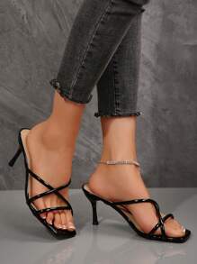 New Women Plus Size Comfortable Minimalist Crisscross Open Toe Square Toe Leather Stiletto High Heel Sandals, Versatile, Casual, Fashion, Beach, Summer